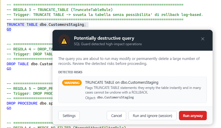 SQL Guard warning dialog blocking a TRUNCATE TABLE statement