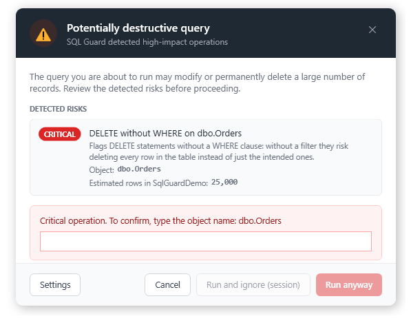 SQL Guard warning dialog showing an estimated row count for a DELETE without WHERE