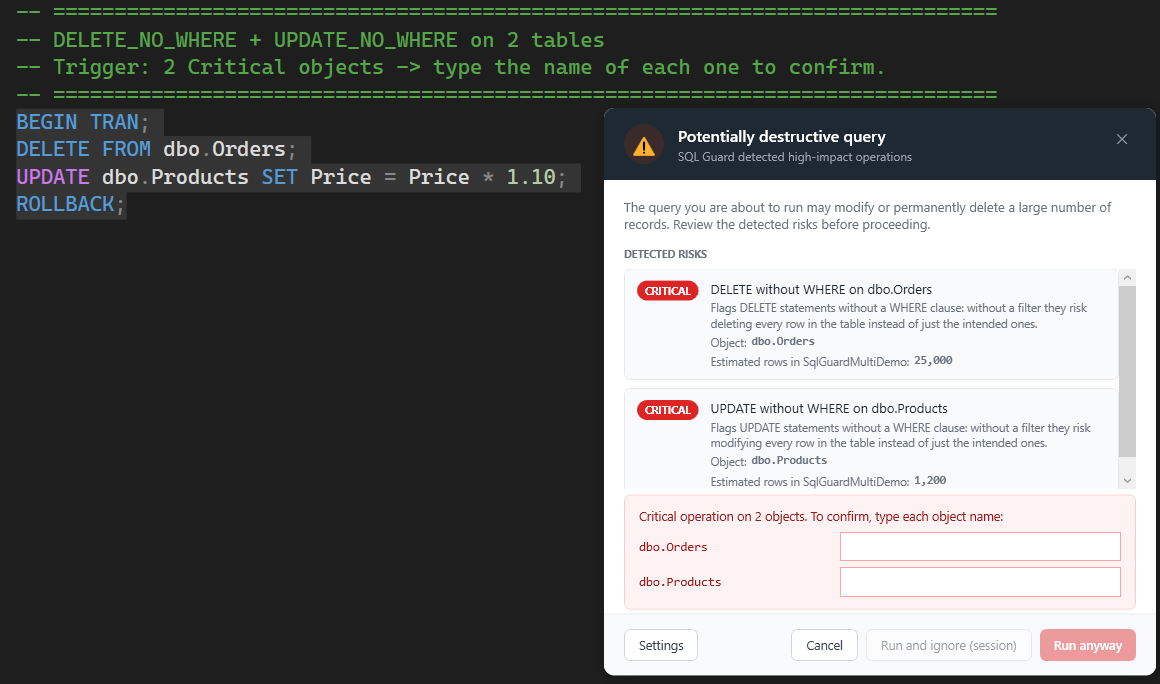 SQL Guard warning dialog asking to type dbo.Orders and dbo.Products to confirm a DELETE and an UPDATE without WHERE